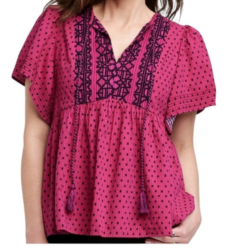 Knox Rose Womens Pink Round Neck Flutter Sleeve Polka Dot Boho Blouse Top